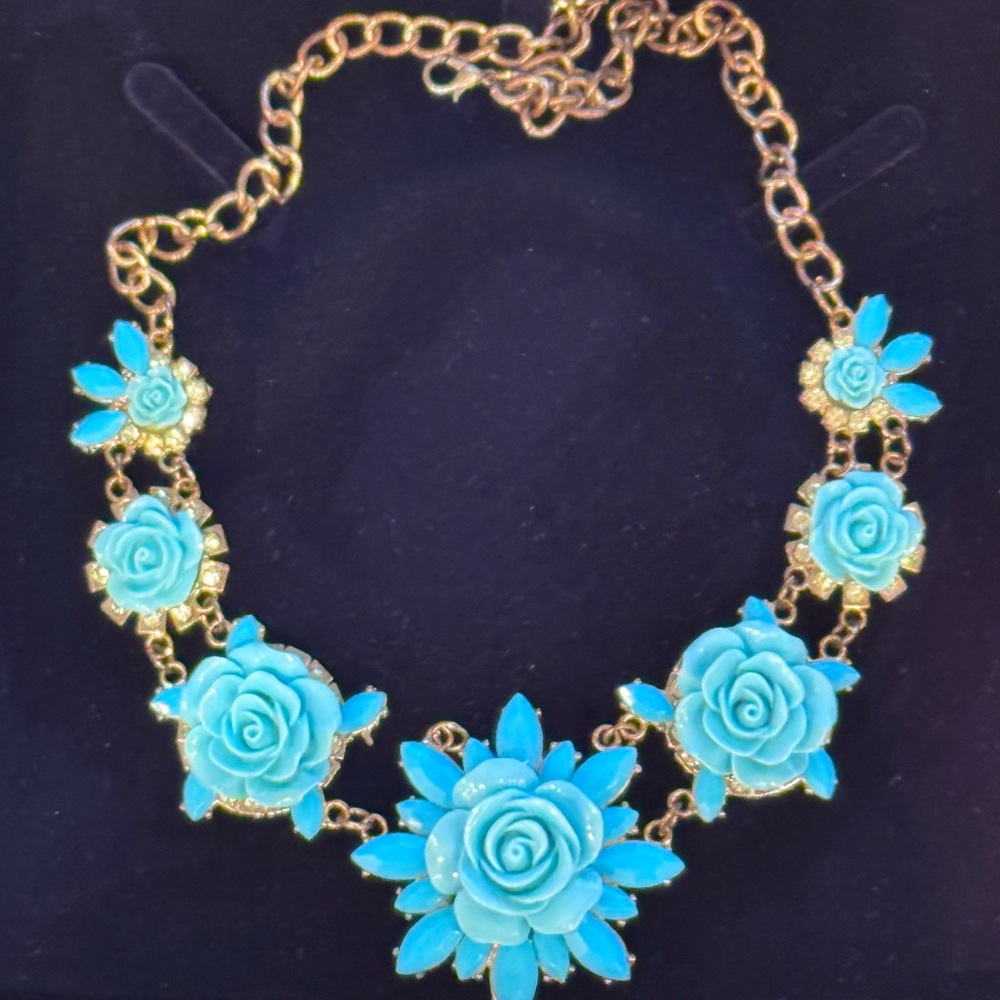 Blue and Gold Floral Statement Necklace with Turquoise Accents